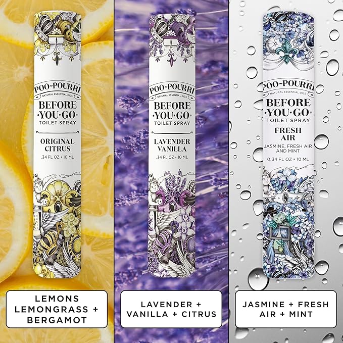 Poo-Pourri Before-You-Go Toilet Spray, Travel Essentials, .34 Fl Oz, In A Pinch Variety 3 Pack, Each Up to 20 Uses, On-The-Go Bathroom Odor Deodorizer with Essential Oils, TSA Approved Size, 3 Scents