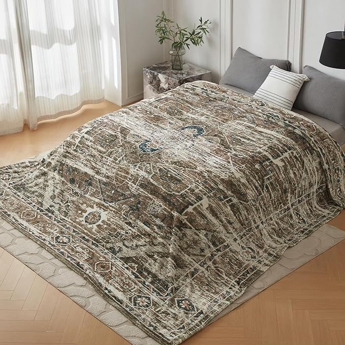 Oversized Vintage Pattern Blanket 120x120 Inches, Giant 10'x10' for Bed, Travel, and Camping, Extra Large Soft Blanket for The Whole Family and Outdoor, Brown
