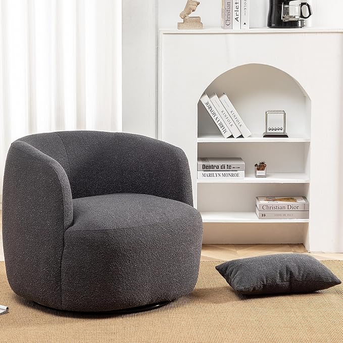 KINWELL 34" Boucle Swivel Barrel Chair with 23" Ottoman Set, Fully Assembled Set of Sherpa Accent Chair and Footrest, Modern Comfy Armchair and Footstool for Living Room and Bedroom, Dark Grey