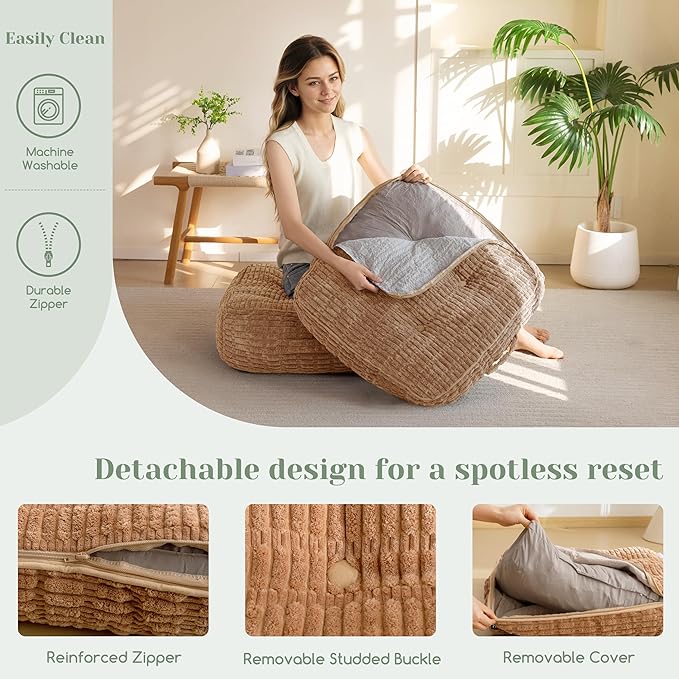 8" Washable Floor Pillow Cushion for Adults, Meditation Cushion Pillow, Removable Tufted Blended Corduroy Cover, Large Square Floor Sitting for Tatami Living Room or Yoga, 2Pack, Machine Washable