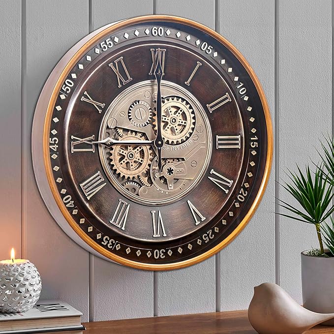 CLXEAST 24 Inch Wall Clock with Moving Gears,Oversized Large Industrial Steampunk Clock, Antique Gold Metal Roman Numeral Wall Clocks for Farmhouse Living Room Decor,Valentines Day Gifts
