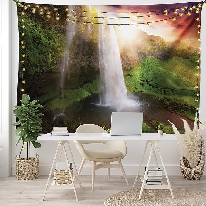 Ambesonne Waterfall Tapestry Queen Size, Waterfalls at Sunset Sky in Iceland Scenic Spring Rural Wildlife Art Image, Wall Hanging Bedspread Bed Cover Wall Decor, 88" X 88", Green Orange