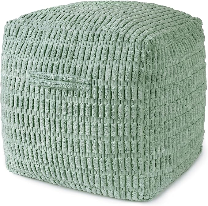 AELS Unstuffed Farmhouse Pouf Cover for Living Room, Boho Storage Bean Bag Cubes, Sage Green Soft Corduroy Plush Sripe Square Ottoman Pouf Foot Rest Footstool, 18"x18"x18", Cover ONLY