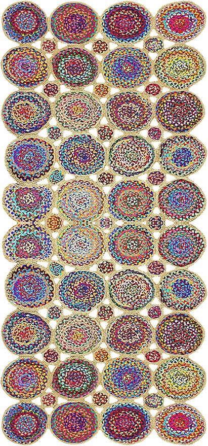 Scalloped Edge Rug, Hand Woven Natural Chindi Cotton and Jute Area Rug, 4x7 Ft Beige & Multicolor Braided Kilim Rugs for Living Room, Kitchen, Entryway, Farmhouse