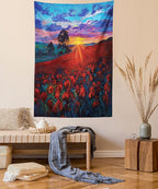 Ambesonne Country Tapestry, Clouds at Sunset Paint Scenery of Poppy Flower Garden on Valley with Horizon, Fabric Wall Hanging Decor for Bedroom Living Room Dorm, 23" X 28", Burgundy Deep Sky Blue