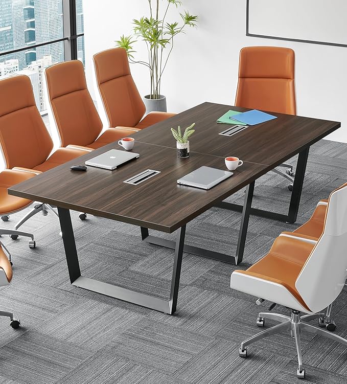 Sturdy Conference Table with Cable Management Grommets Modern Rectangle Office Meeting Table with Wood Tabletop and Metal Frame & Legs- Easy Assembly Boardroom Table (Dark Brown, 8 Foot)