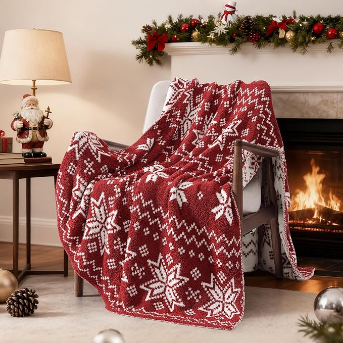 WRENSONGE Christmas Throw Blanket, Red Snowflake Pattern, Soft Cozy Fluffy Warm Throw Blankets for Couch, Sofa, Chair, Bed, Camping, Picnic, Travel Lightweight Bed Blanket - 50"*60"