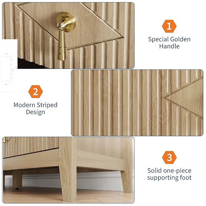 GarveeHome Fluted Dresser for Bedroom, 42.9" Tall 5-Drawer Wood Dresser, Modern Chest of Drawers, Storage Organizer Cabinet for Living Room, Hallway, Entryway, Natural Oak