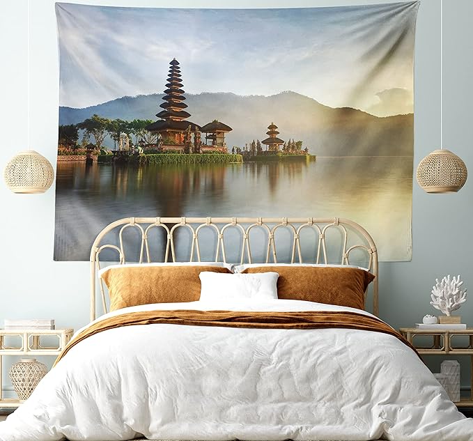 Ambesonne Balinese Tapestry, Pura Ulun Danu Building Panorama Sunrise on Lake Bratan Bali Indonesia Waterscape, Wide Wall Hanging for Bedroom Living Room Dorm, 60" X 40", Beige Brown