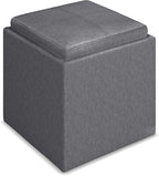 SIMPLIHOME Rockwood Cube Storage Ottoman with Tray - 17 inch Wide Upholstered Linen Look Fabric Square Storage Ottoman in Slate Grey, Contemporary Cube Ottoman for Living Room with Serving Tray
