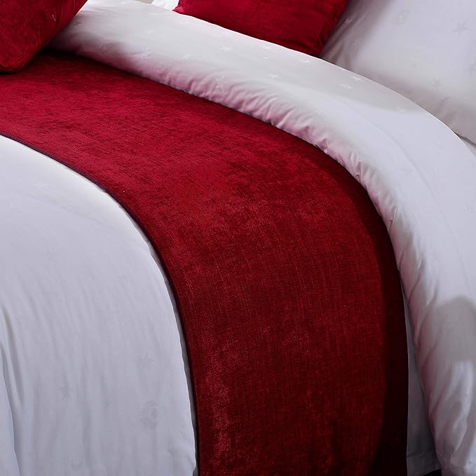 OSVINO Chenille Bed Runner Solid Breathable Modern Bedding Scarf Protection for Bedroom Hotel, Red 210X50cm for 150cm Bed