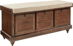 OSP Home Furnishings Dover Coastal Lift-Top Storage Bench with Shutter Face Styling, Distressed Brown Finish with Beige Linen Fabric Cushion