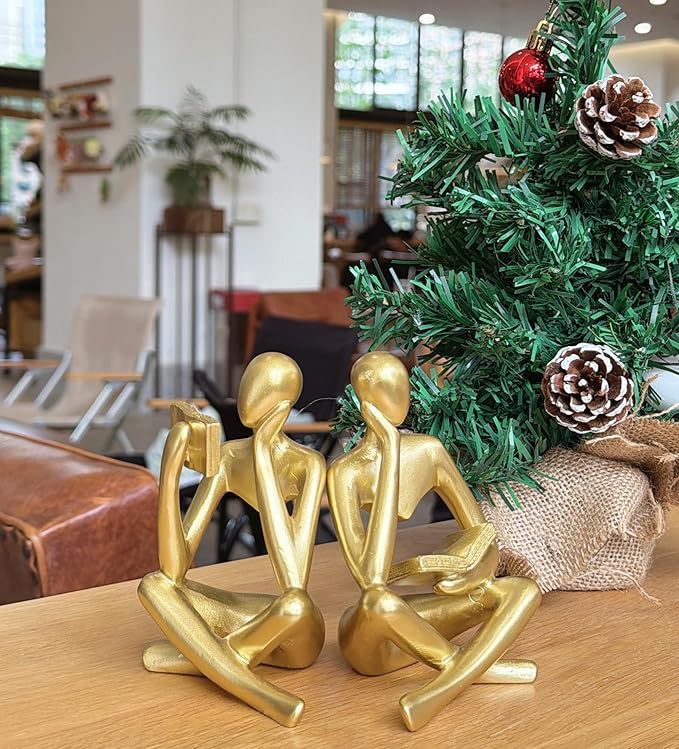 Reading Thinker Statue, Sculptures Abstract Art Ornament, Modern Aesthetic Figurine Decoration Set of 2 Status for Home Living Room Bedroom Office Shelf Table Desk Bookshelf Decor (Gold)