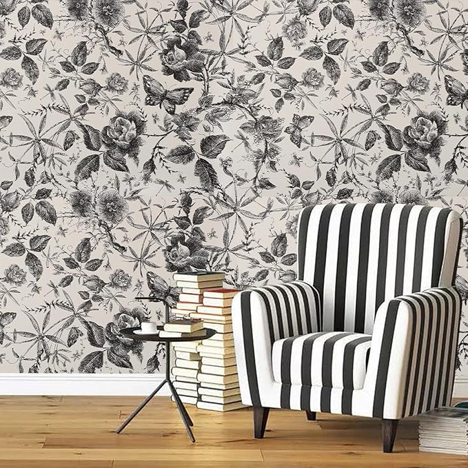 Drawer Liner Contact Paper for Dresser Peel and Stick Wallpaper Sketched Design 15.7x393.7in Self Adhesive Removable Black Maroon Rose Floral Butterfly Vintage Cabinet Shelf Renter Friendly