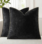 decorUhome Spring Chenille Soft Cozy Throw Pillow Covers 16x16 Set of 2, Modern Farmhouse Boho Velvet Decorative Pillow Cases with Stitched Edge for Couch Sofa Bed Home Decor, Black