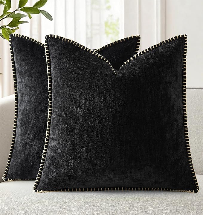 decorUhome Spring Chenille Soft Cozy Throw Pillow Covers 16x16 Set of 2, Modern Farmhouse Boho Velvet Decorative Pillow Cases with Stitched Edge for Couch Sofa Bed Home Decor, Black