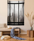 Ambesonne City Tapestry Queen Size, Philadelphia City Rooftop View Through Window Skyline Landmark Rooftop Travel, Wall Hanging Bedspread Bed Cover Wall Decor, 88" X 88", Grey Black