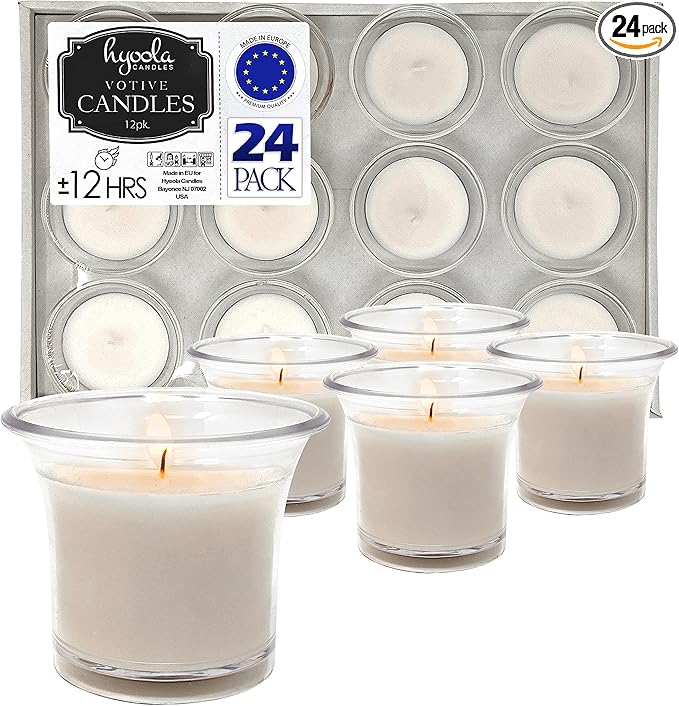Hyoola Votive Candles - White Votives in Clear Cup - 12 Hour Burn Time Unscented Votive Candles Bulk - Pack of 24 Small Candles in Bulk - Made in Europe