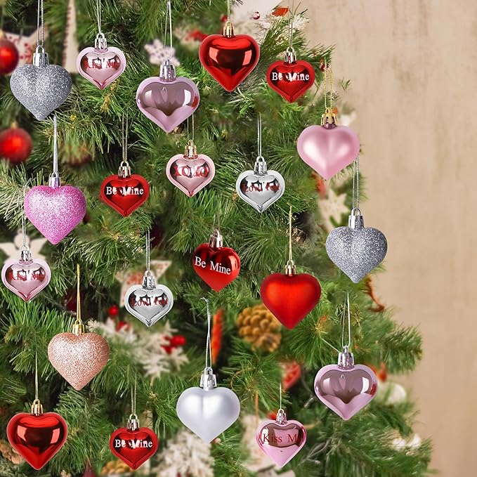 48pcs Valentine Ornaments for Tree, Colorful Heart Shaped Ornaments, Glitter Valentine Tree Decorations, Heart Shaped Hanging Baubles for Valentines Wedding Party Decor