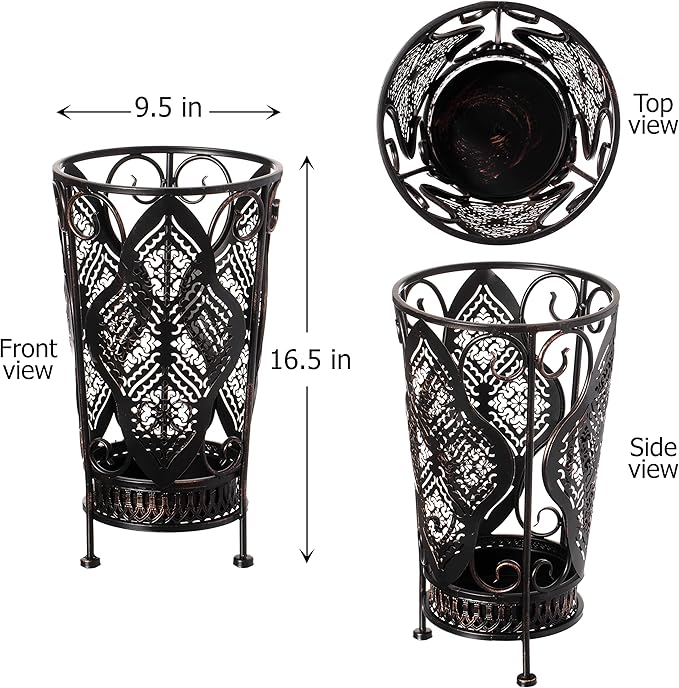 Dualplex Umbrella Holder Umbrella Stand Rack Super Quality Metal Entry Hallway Décor w/Removable Drip Tray for Home Office Holds Umbrellas Canes Walking Sticks Best Gift 16" Tall (Round, Antique)