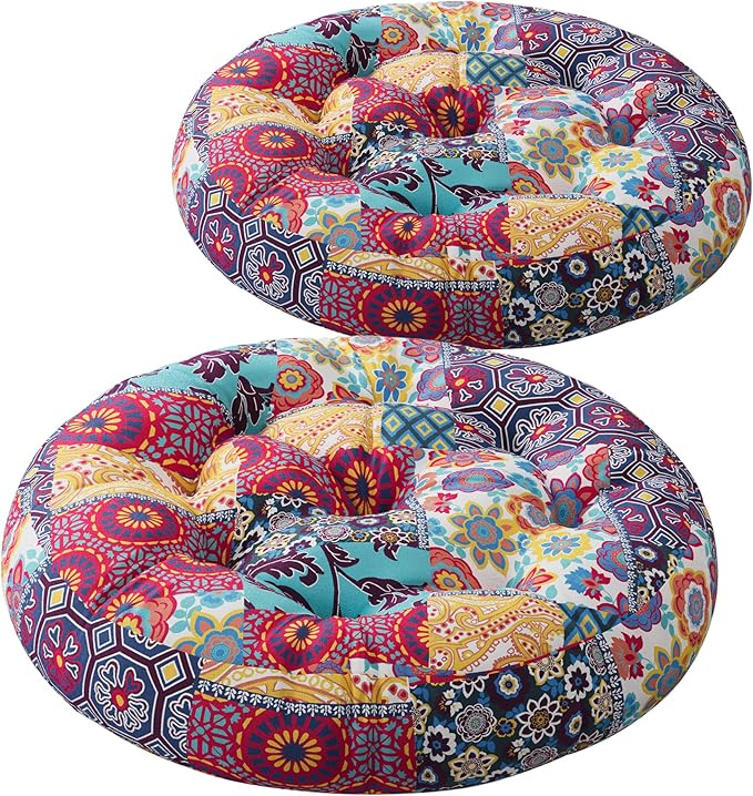 Codi Meditation Floor Pillow Set of 2, Boho Pillows Seating for Adults and Kids, Large Cushion for Yoga Living Room Tatami Sitting, Memory Foam Added, 22x22 Inch, Round Multi Patchwork