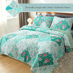 Whale Flotilla Patchwork Quilts Queen Size, Extra Soft Boho Floral Bedspreads for Bed Reversible Lightweight Full Queen Quilt Bedding Set Printed Coverlets with 2 Pillow Shams for All Seasons, Green