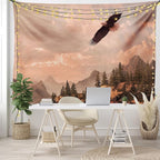 Ambesonne Eagle Tapestry King Size, Nature Photography of Rocky Mountains and Forest a Bird Flying over It, Wall Hanging Bedspread Bed Cover Wall Decor, 104" X 88", Rose Green