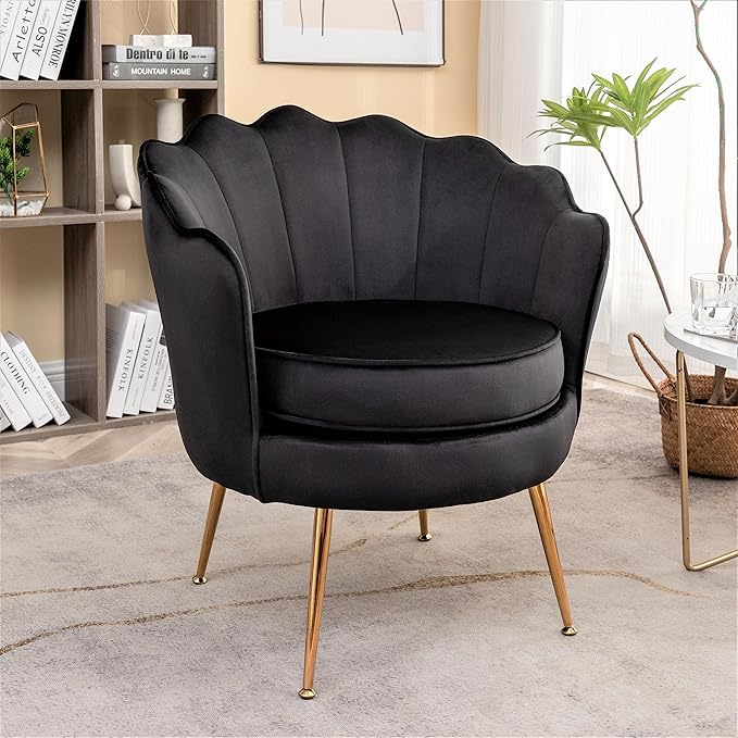 Velvet Barrel Accent Chair with Scalloped Silhouette and Gold Metal Legs, Decorative Piece Suitable for Traditional, Modern, and Contemporary Spaces, Black