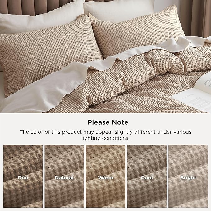 Bedsure 100% Cotton Duvet Cover King Size with Fitted Sheet - 4 Pieces Khaki Waffle Weave Bedding Set, GentleSoft™ and Breathable, Includes 1 Duvet Cover 104x90, 1 Fitted Sheet, 2 Pillow Shams
