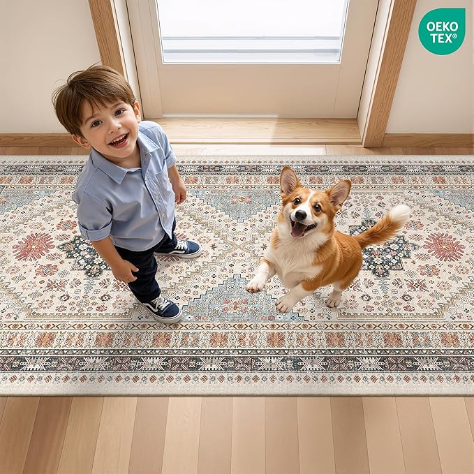 Runner Rug 2x10, Ultra-Thin Kitchen Rugs Non Slip Washable Rugs for Entryway Rug, Kitchen Runner Low Pile Vintage Soft Carpets for Living Room, Bathroom Bedroom (Blue/Red/Multi,2'x10')