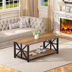 GreenForest Coffee Table with Round Corner, Farmhouse Center Table with 2-Tier Storage Shelf X-Frame Design for Living Room, 39 inch Walnut