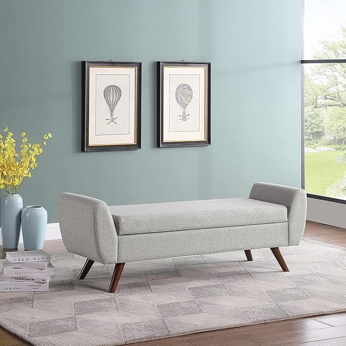HomePop Modern Storage Bench with Wood Legs |Homepop Home Décor|Bench with Storage for Living Room & Bedroom - Light Gray Woven