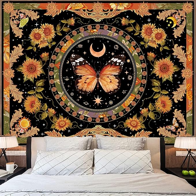 Accnicc Butterfly Floral Tapestry Vintage Indie Boho Flower Tapestries for Bedroom Aesthetic Retro Yellow Sunflower Moth Tapestry Wall Hanging for Dorm Living Room (90'' × 68'')