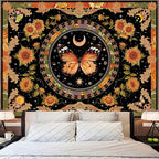 Accnicc Butterfly Floral Tapestry Vintage Indie Boho Flower Tapestries for Bedroom Aesthetic Retro Yellow Sunflower Moth Tapestry Wall Hanging for Dorm Living Room (90'' × 68'')