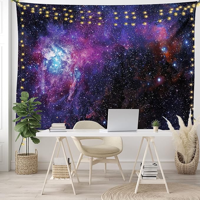 Ambesonne Galaxy Tapestry, Starry Night Nebula Cloud Celestial Theme Image Space Art Elements Print, Fabric Wall Hanging Decor for Bedroom Living Room Dorm, 28" X 23", Black Purple Blue