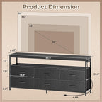 Huuger LED TV Stand for Bedroom, 55 Inch Fabric Dresser with Power Outlets, Entertainment Center for 60, 55, 50 Inch TV, 6 Drawer Dresser for Bedroom, Chest of Drawers with Shlef, PU Leather, Black