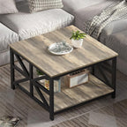 GreenForest Modern Living Room Coffee Table with 2 Tier Storage, Small Square Wood and Metal Farmhouse Center Table with Seamless One-Piece Tabletop, 27.55 Inch, Grey Wash
