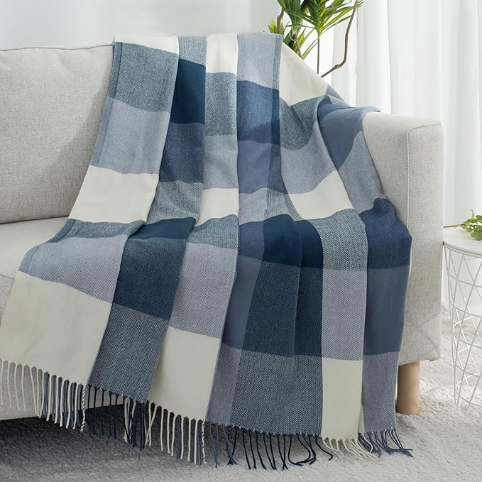 Buffalo Plaid Throw Blanket for Couch with Tassels,50"X60" Soft Lightweight Knitted Boho Decorative Blankets for Bed and Sofa Blue