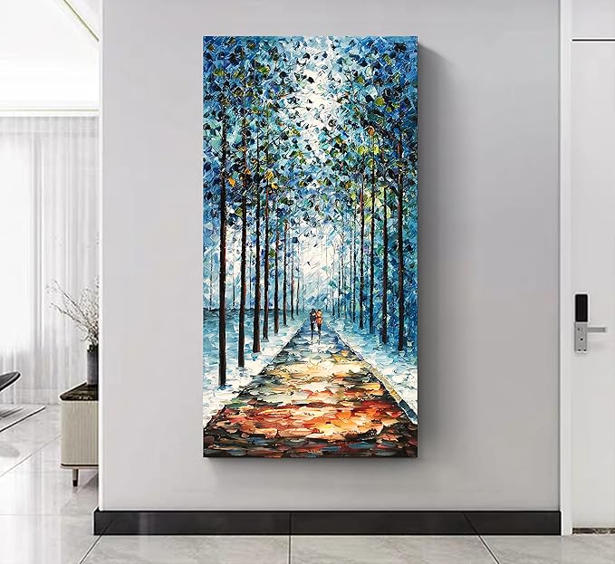 Art Hand-Painted Landscape Oil Painting Contemporary Abstract Vertical Blue Texture Oil Painting Living Room Bedroom Wall Decoration 48x24 inche