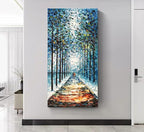 Art Hand-Painted Landscape Oil Painting Contemporary Abstract Vertical Blue Texture Oil Painting Living Room Bedroom Wall Decoration 48x24 inche