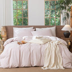 MooMee Striped Duvet Cover Set 100% Washed Cotton Linen Like Textured Breathable Durable Soft Comfy (Heathered Greyish Pink White Wide Stripes, Cal King 104"x98")