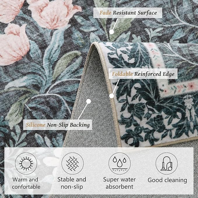 Vintage Floral with Ornate Border Washable 5x7 Area Rug, Soft Low Pile Carpet for Living Room, Dining Room Under Table, Bedroom | Non-Slip, Stain Resistant & Durable