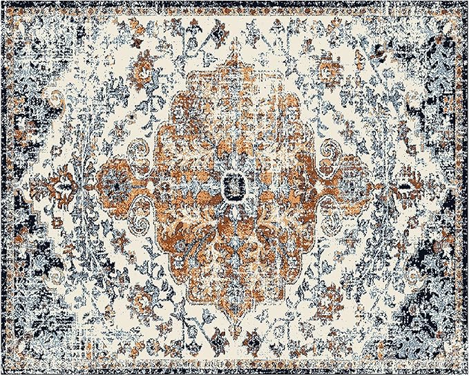 MICRODRY - Area Rug, Low-Profile Design for Sleek, Bulk-Free Look. Machine Washable, Stain-Resistant, Skid-Resistant, Ideal for Bedroom, Living Room, Kitchen, or Entryway, 8x10', Yasmin (Blue/Rust)