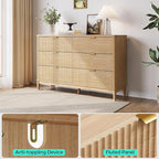 LINSY Fluted Dresser for Bedroom with 6 Drawers, Mid Century Modern Chest of Drawers with Gold Metal Handles, Wide Boho Wood Dressers, Large Farmhouse Storage Cabinet for Bedroom, Living Room, Oak