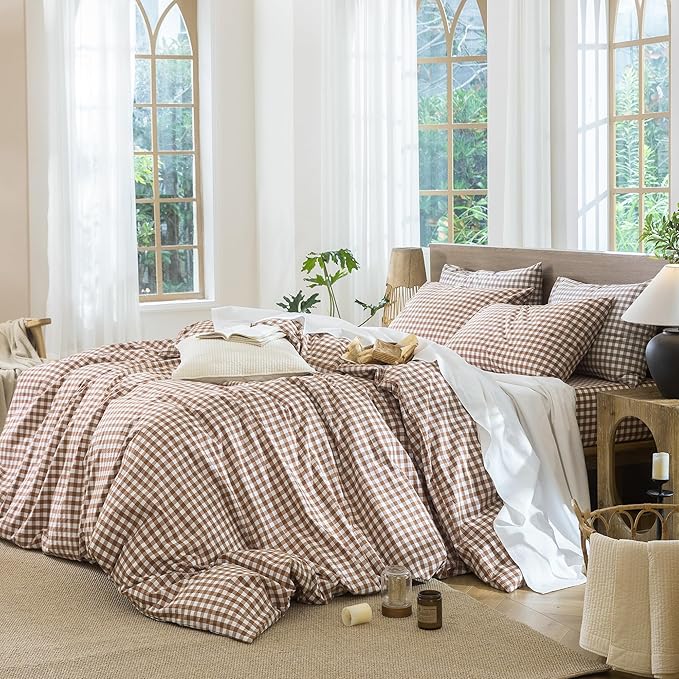 MooMee Gingham Duvet Cover Set 100% Washed Cotton Linen Like Textured Breathable Durable Soft Comfy Modern Checkered Design (Dark Orange Gingham, Palatial King/Oversized King 120"x98")
