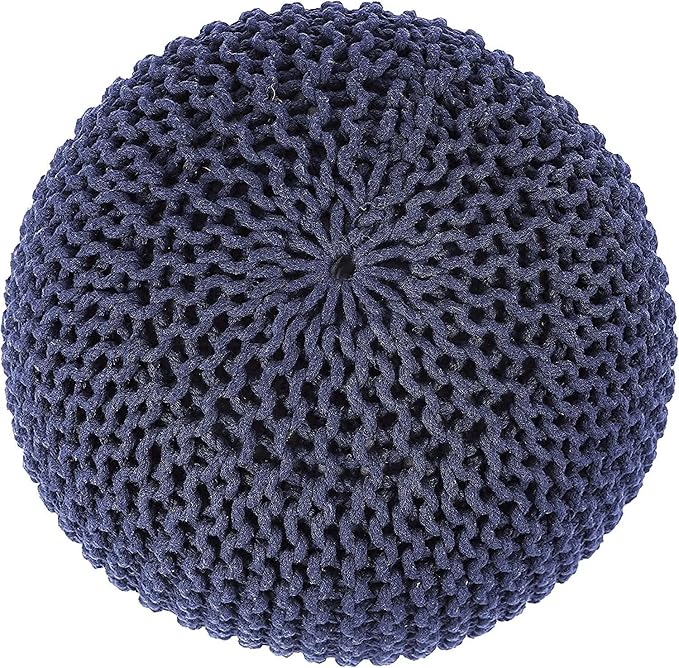 REDEARTH · Round Pouf Foot Stool Bean Bag Ottoman - Cable Knitted Cord Boho Pouffe - Poof Accent Bean Bag - Handmade by Artisans for Living Room - Bedroom (19.5"x19.5"x14") - Navy Blue, Set of 2