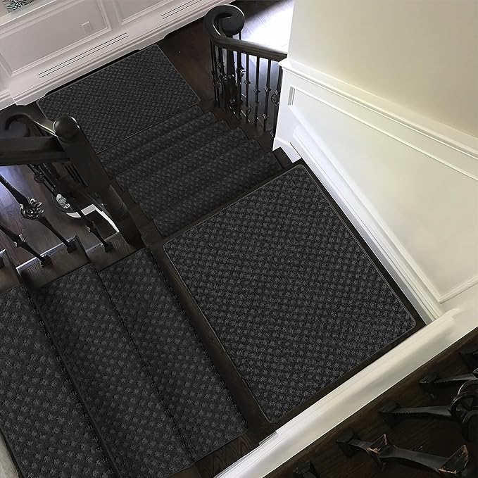 PURE ERA Bullnose Carpet Stair Treads Tape Free Non-Slip Indoor Stair Protectors Pet Friendly Stair Treads for Wooden Steps 9.5" x 30"(7 Pieces,Black Mini-Diamond Trellis)