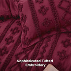 Bedsure Tufted Boho Comforter Set Queen Size - Burgundy Boho Bed Set, GentleSoft™ 3 Pieces Farmhouse Shabby Chic Embroidery Bedding, Gifts for Woman, Soft Jacquard Queen Comforter for All Seasons