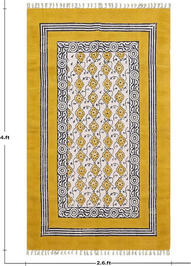 Flatweave Kilim Runner 2.6x4 Cotton Runner Floral Design Yellow Beige Hand Block Printed Cotton Rug Thick 0.19" Handmade Boho Indoor Outdoor Rugs for Kitchen Bedside Enterway Idea