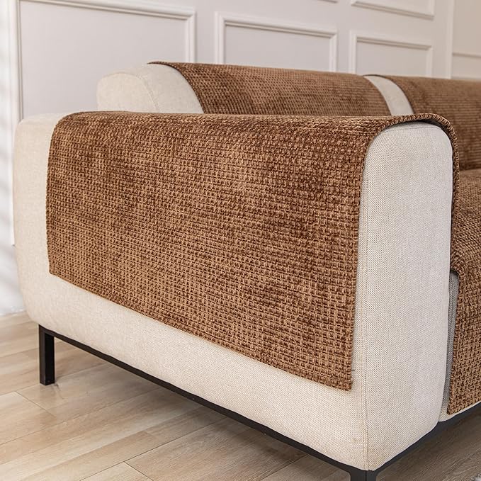 HAOMAIJIA Waterproof Sofa Arm Covers Set of 2 Non Slip Chair Arm Covers Chenille Washable Couch Arm Cover Furniture Protector (Brown, 23.6" x 27" 2 Pack)